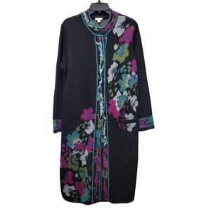 J.JILL Women's Black Floral Boho Long Duster Sweater Cardigan Jacket Size Medium